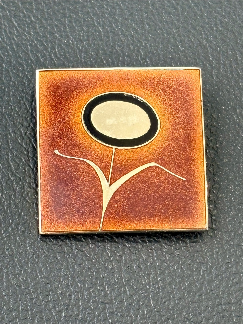 Vintage Floral Enamel Square Pin in Burnt Orange and Gold